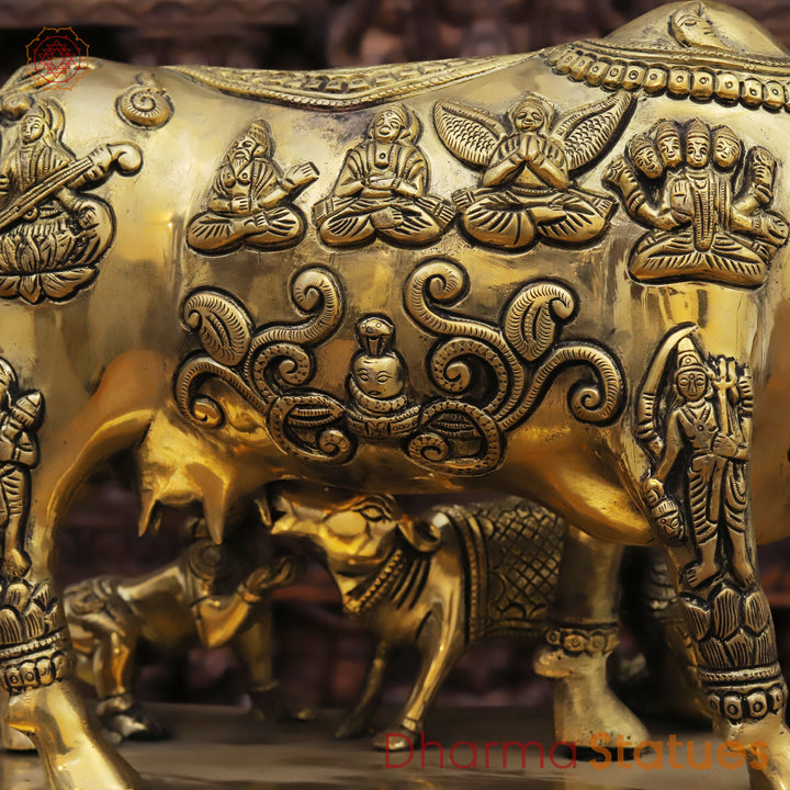 Brass Bal Krishna with Kamdhenu Cow, Blessings of Abundance, Golden Fine Finish, 13"