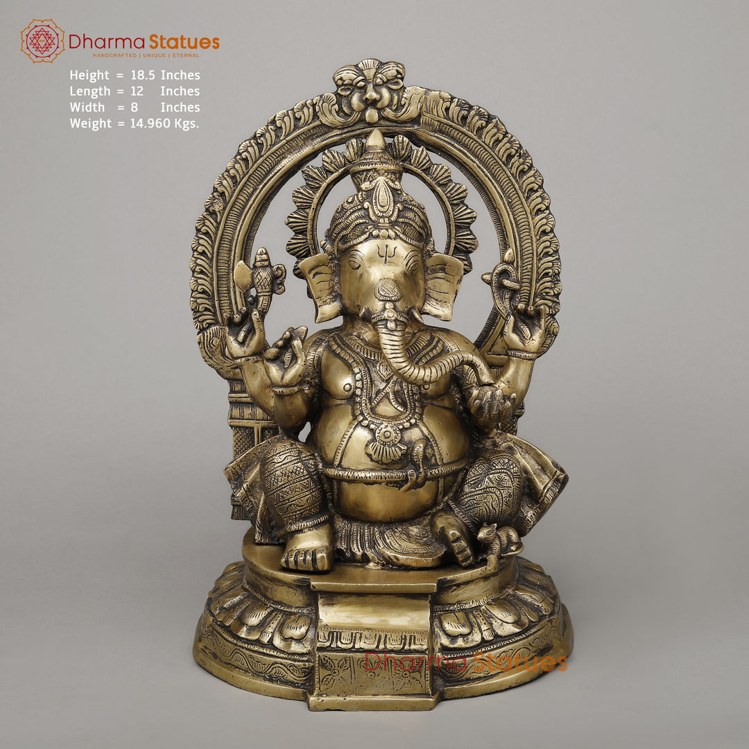 Brass Ganesh Seated on Pedestal, Fine Golden Finish, 18.5"