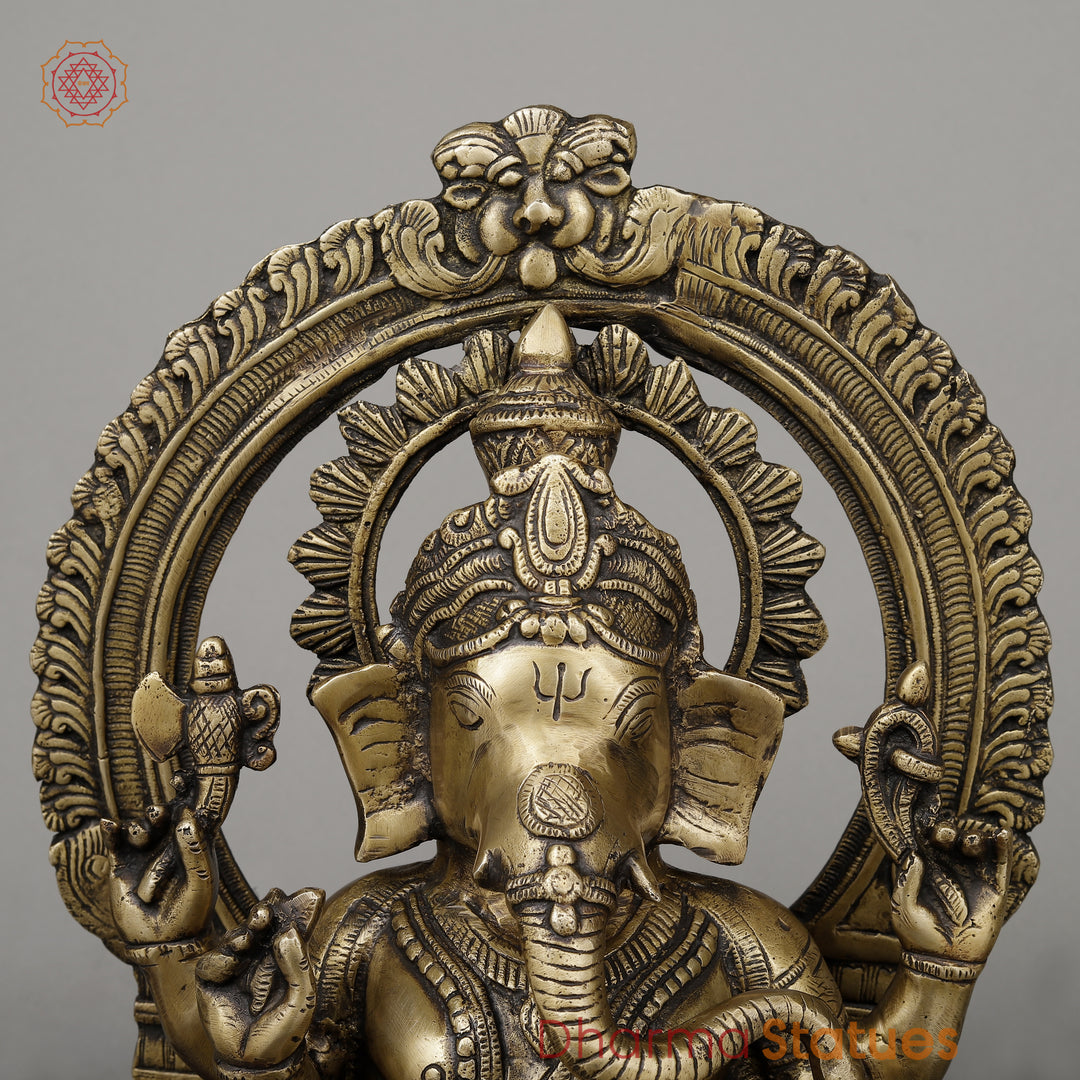 Brass Ganesh Seated on Pedestal, Fine Golden Finish, 18.5"