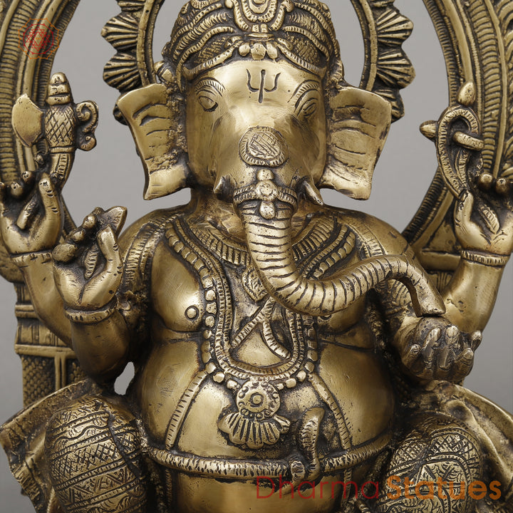 Brass Ganesh Seated on Pedestal, Fine Golden Finish, 18.5"