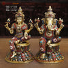 Brass Ganesh Lakshmi Idol, Seated On lotus Base, Golden & Stone Work, 14.5" Front View