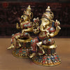 Brass Ganesh Lakshmi Idol, Seated On Lotus Pedastal, Golden Finish with Stone Work, 14.5"