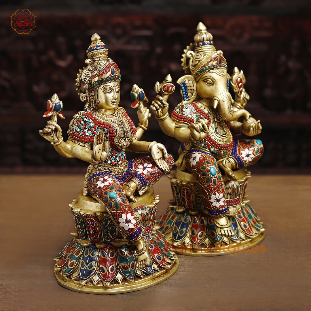 Brass Ganesh Lakshmi Idol, Seated On Lotus Pedastal, Golden Finish with Stone Work, 14.5"