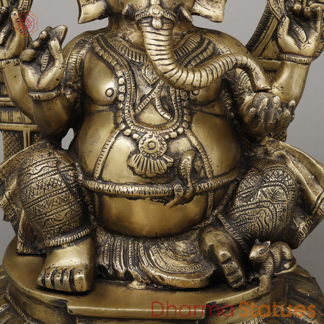 Brass Ganesh Seated on Pedestal, Fine Golden Finish, 18.5"