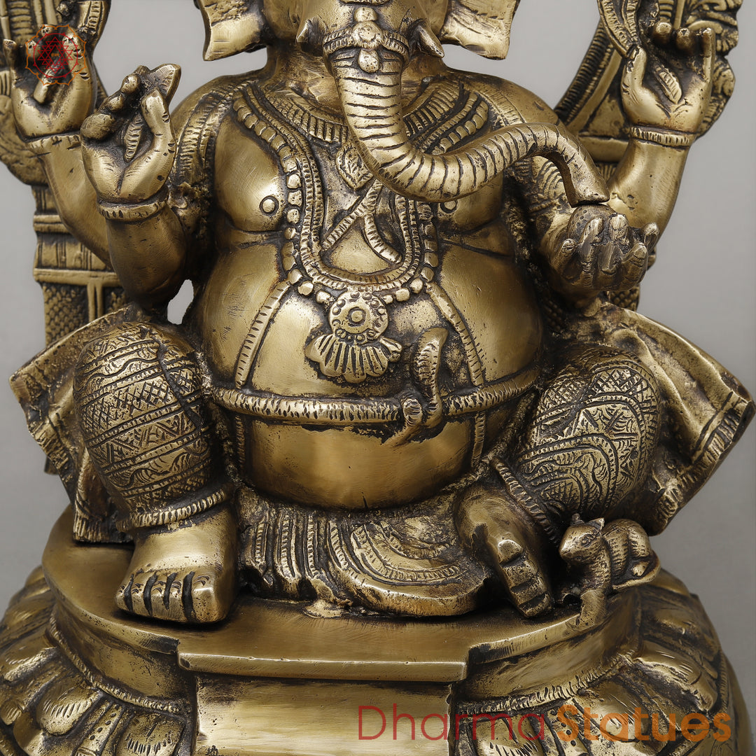 Brass Ganesh Seated on Pedestal, Fine Golden Finish, 18.5"