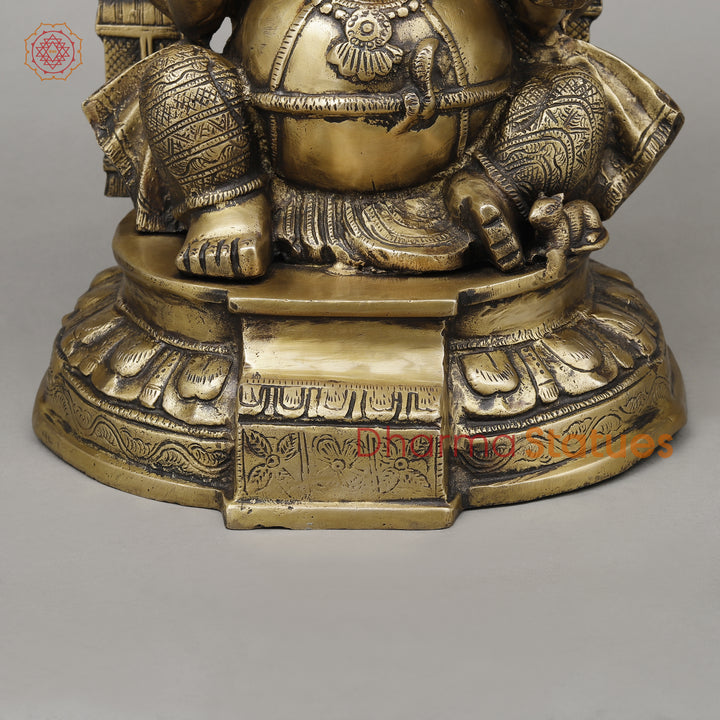 Brass Ganesh Seated on Pedestal, Fine Golden Finish, 18.5"