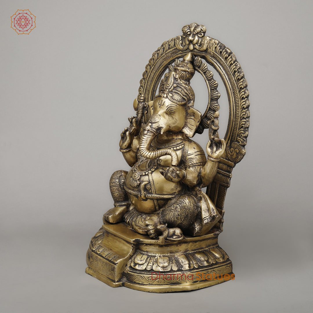 Brass Ganesh Seated on Pedestal, Fine Golden Finish, 18.5"