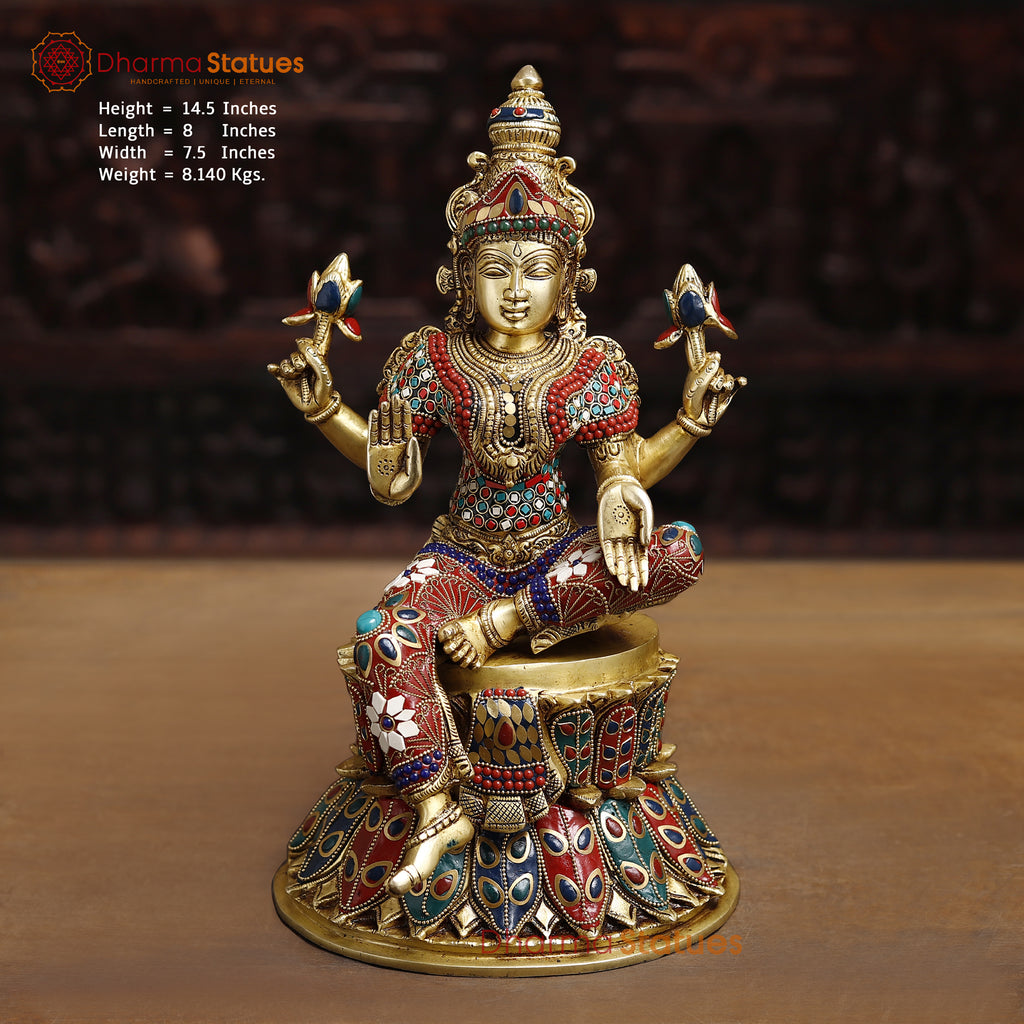 Brass Lakshmi Idol- Goddess of Fortune, Sitting on Lotus Pedestal, Stone work 14.5"