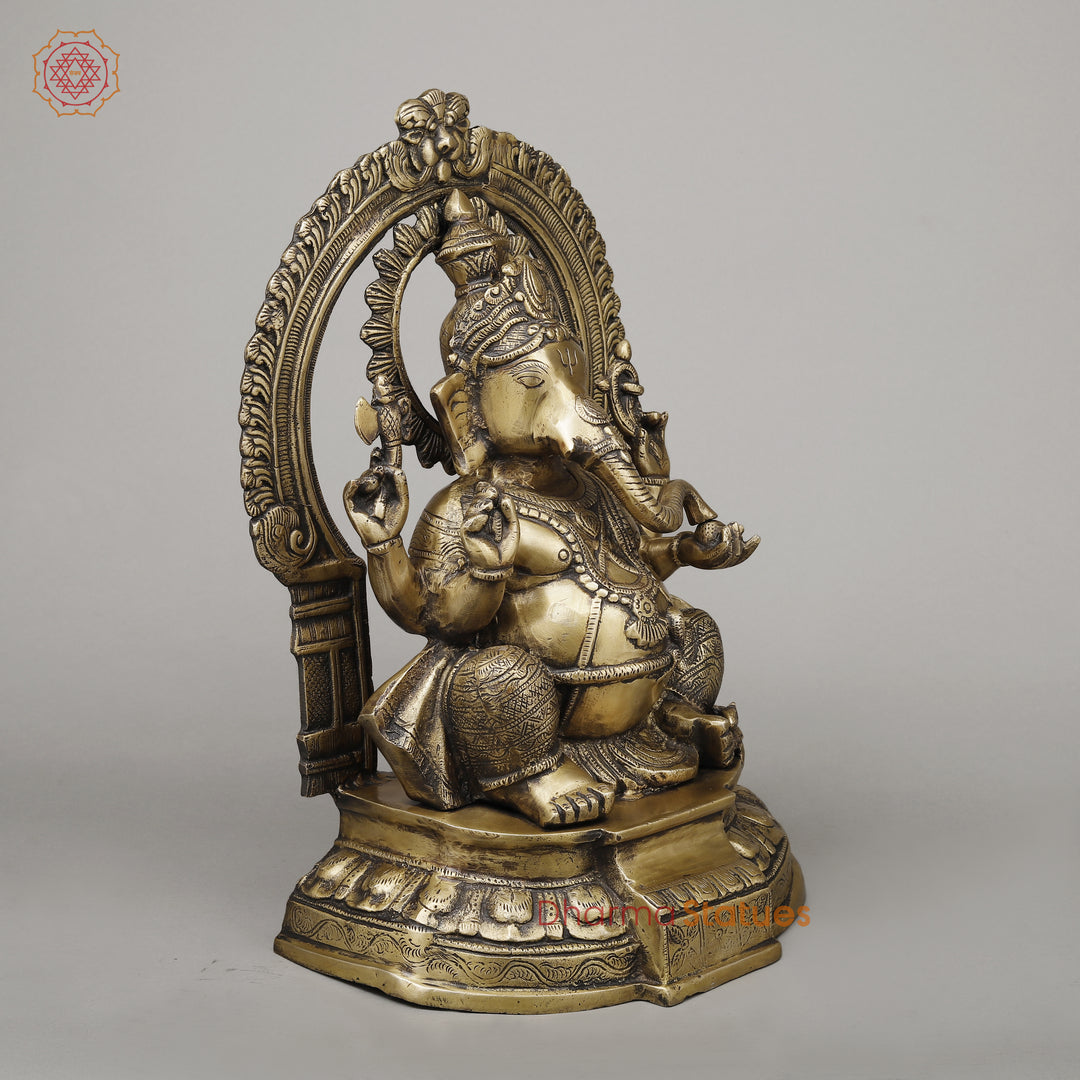 Brass Ganesh Seated on Pedestal, Fine Golden Finish, 18.5"