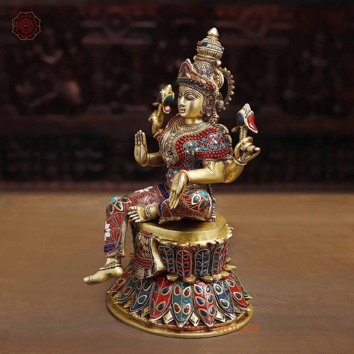 Brass Lakshmi Idol- Goddess of Fortune, Sitting on Lotus Pedestal, Stone work 14.5"