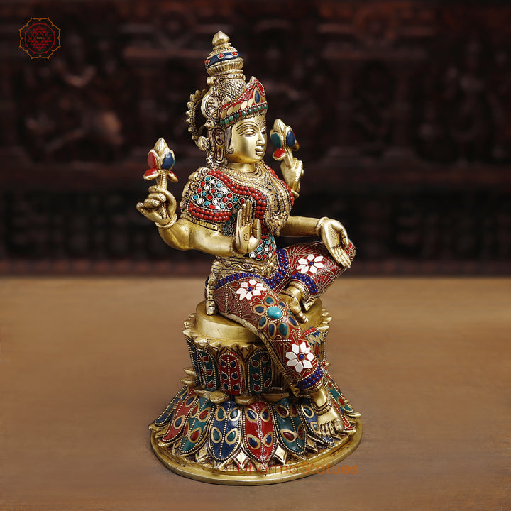 Brass Lakshmi Idol- Goddess of Fortune, Sitting on Lotus Pedestal, Stone work 14.5"