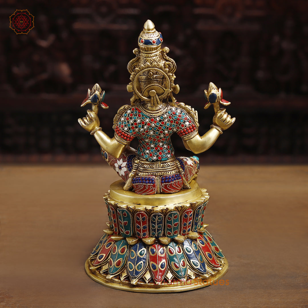 Brass Lakshmi Idol- Goddess of Fortune, Sitting on Lotus Pedestal, Stone work 14.5"