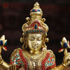 Brass Lakshmi Idol- Goddess of Fortune, Sitting on Lotus Pedestal, Stone work 14.5"