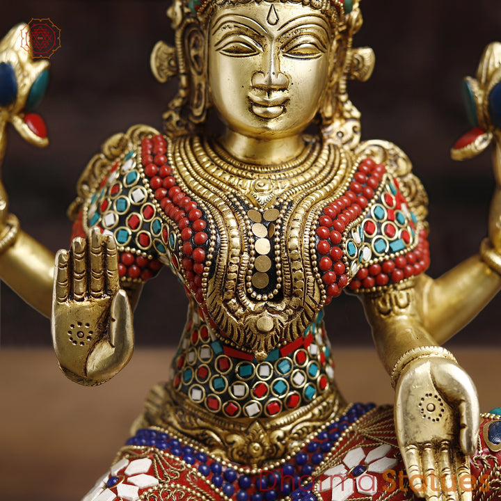 Brass Lakshmi Idol- Goddess of Fortune, Sitting on Lotus Pedestal, Stone work 14.5"