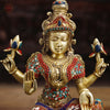 Brass Lakshmi Idol- Goddess of Fortune, Sitting on Lotus Pedestal, Stone work 14.5"