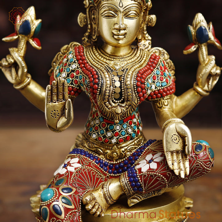 Brass Lakshmi Idol- Goddess of Fortune, Sitting on Lotus Pedestal, Stone work 14.5"