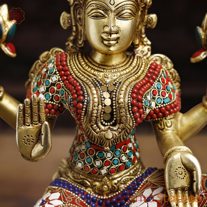 Brass Ganesh Lakshmi Idol, Seated On Lotus Pedastal, Golden Finish with Stone Work, 14.5"