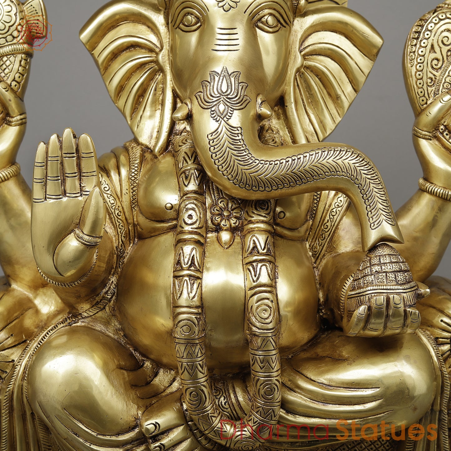Brass Ganesh seated on Throne (Raja Ganesh), Fine Golden Finish, 24.6"