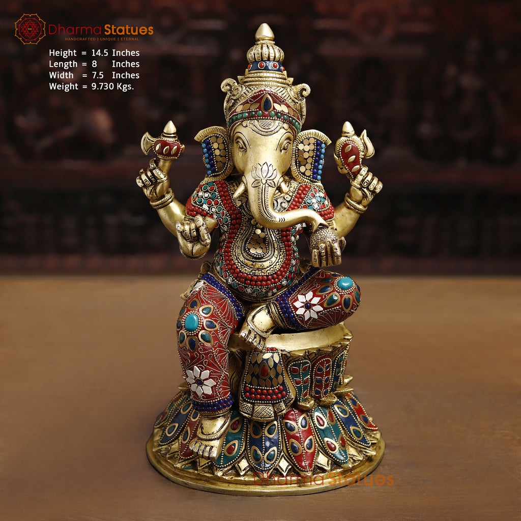 Ganesh Seated On lotus Pedestal, Stone work 14.5" Front View