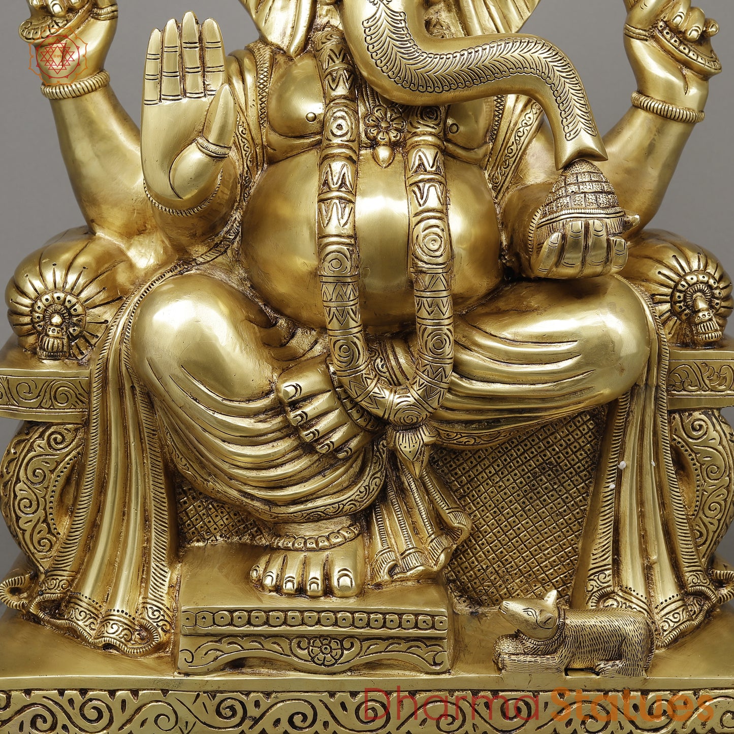 Brass Ganesh seated on Throne (Raja Ganesh), Fine Golden Finish, 24.6"