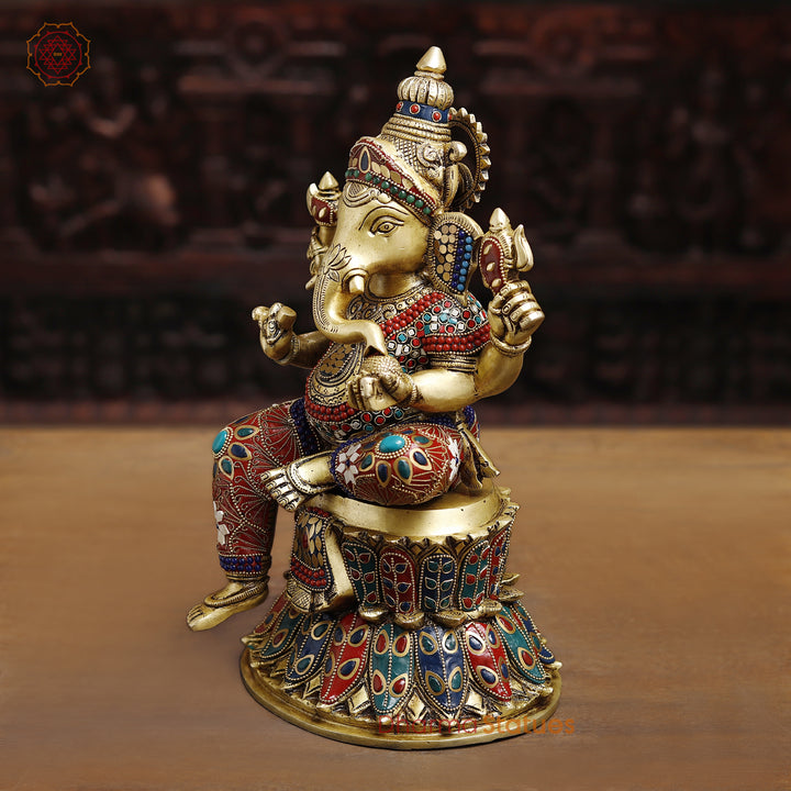 Ganesh Seated On lotus Pedestal, Stone work 14.5"