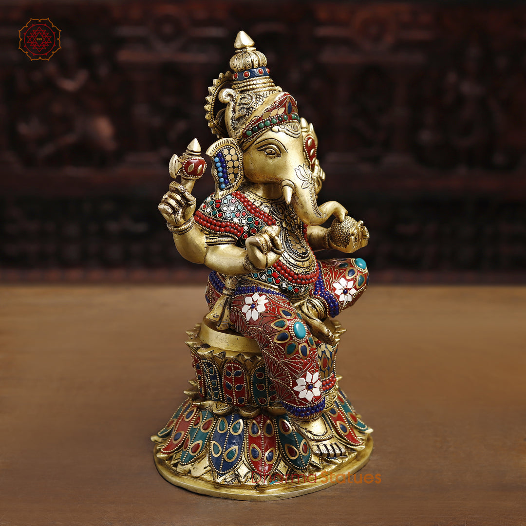 Ganesh Seated On lotus Pedestal, Stone work 14.5"