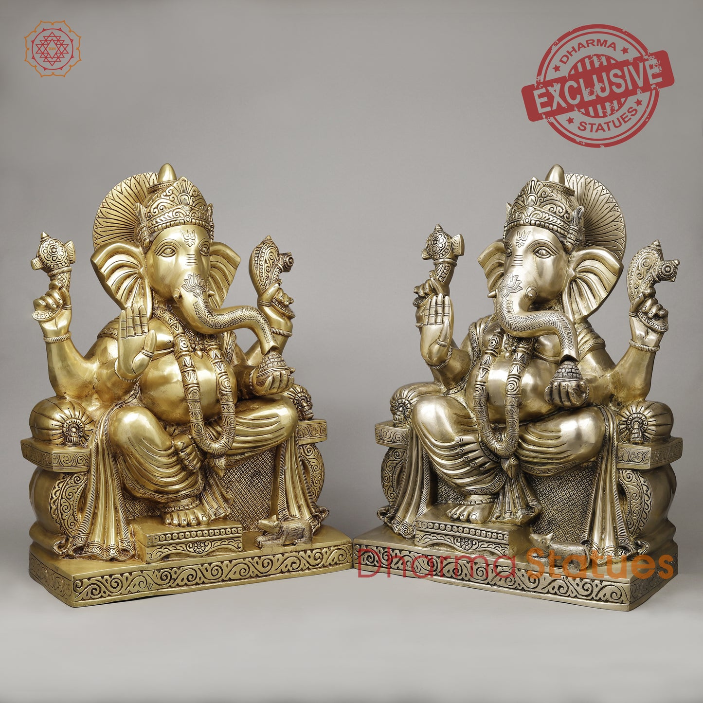 Brass Ganesh seated on Throne (Raja Ganesh), Fine Golden Finish, 24.6"