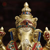 Brass Ganesh Lakshmi Idol, Seated On Lotus Pedastal, Golden Finish with Stone Work, 14.5"