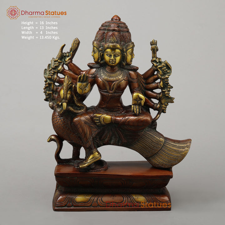 Brass Kartikeya With Six Head Seated on Peacock, Copper & Green Finish, 16"