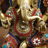 Brass Ganesh Lakshmi Idol, Seated On Lotus Pedastal, Golden Finish with Stone Work, 14.5"