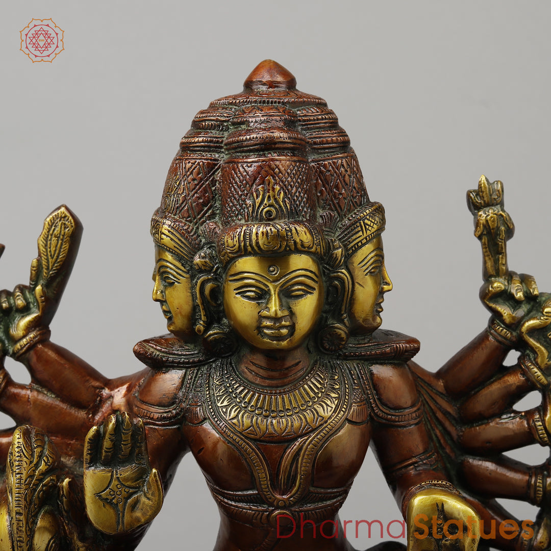 Brass Kartikeya With Six Head Seated on Peacock, Copper & Green Finish, 16"