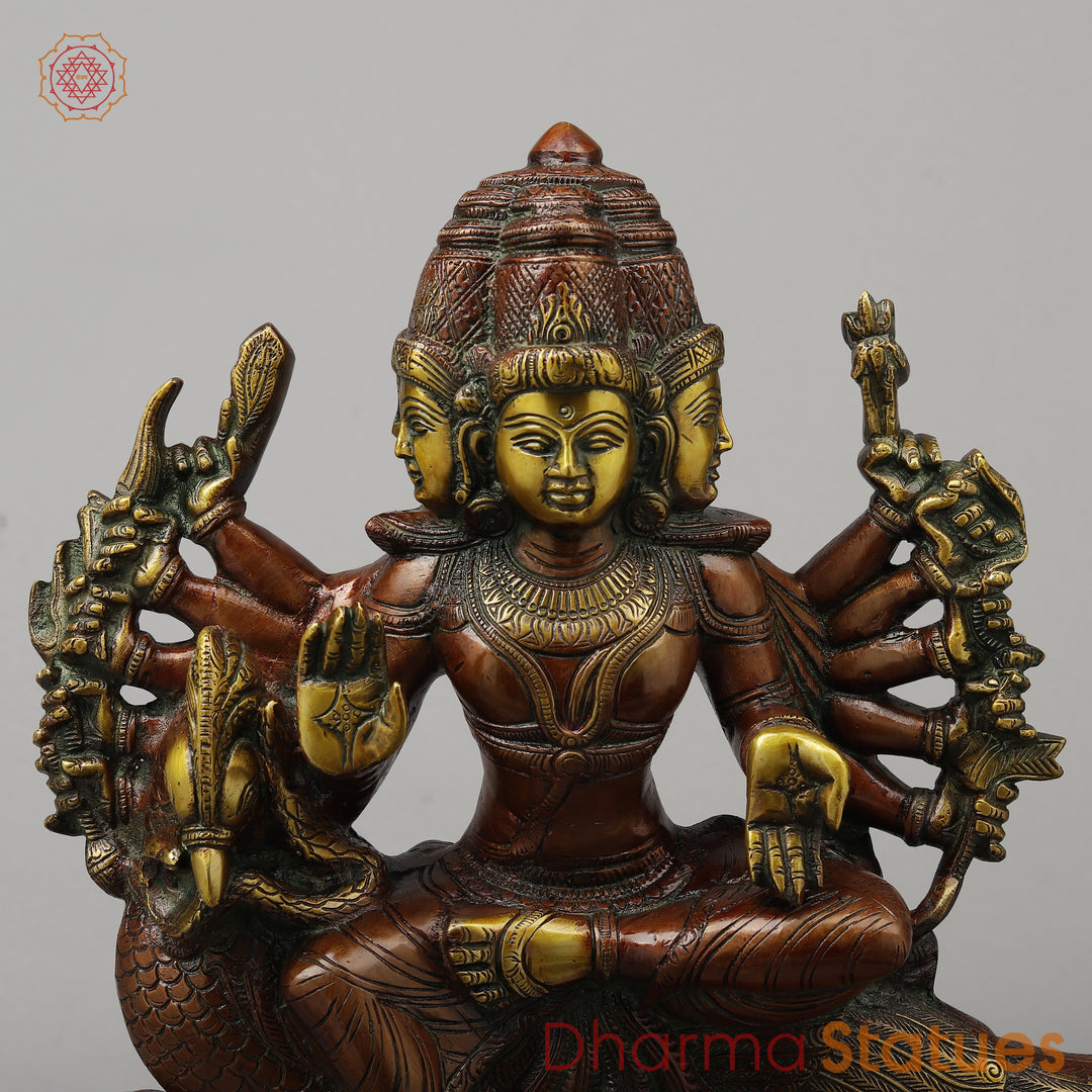 Brass Kartikeya With Six Head Seated on Peacock, Copper & Green Finish, 16"
