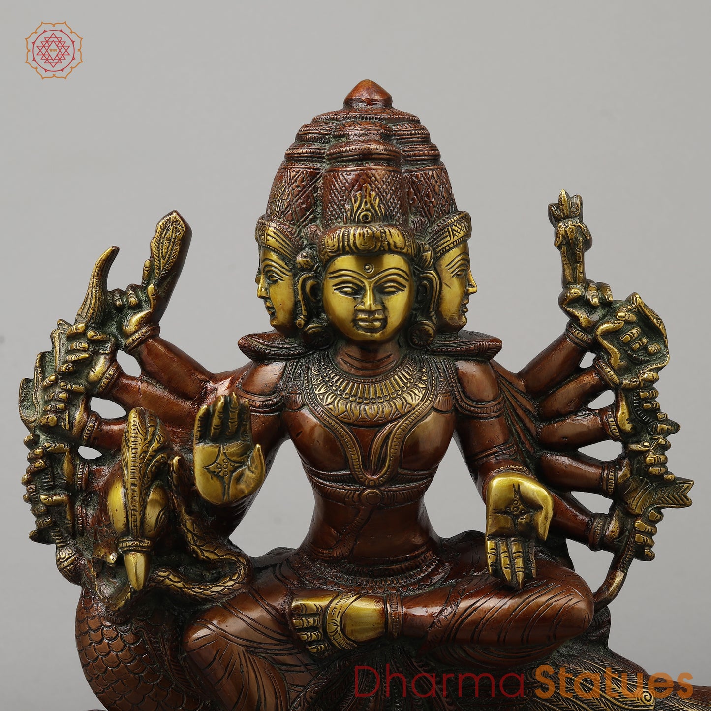 Brass Kartikeya With Six Head Seated on Peacock, Copper & Green Finish, 16"