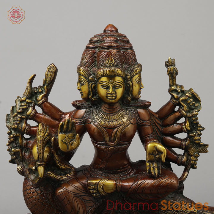 Brass Kartikeya With Six Head Seated on Peacock, Copper & Green Finish, 16"