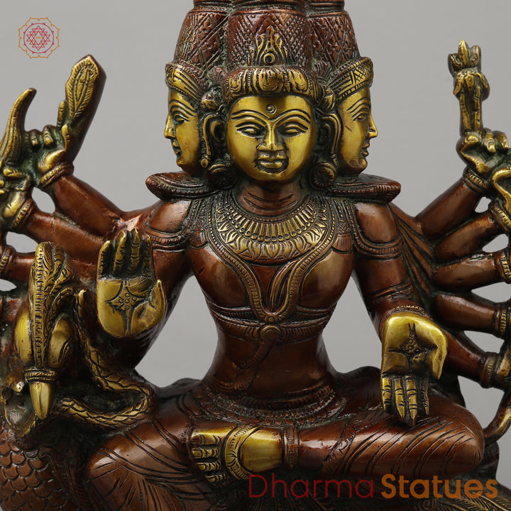 Brass Kartikeya With Six Head Seated on Peacock, Copper & Green Finish, 16"