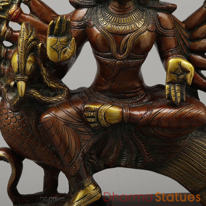 Brass Kartikeya With Six Head Seated on Peacock, Copper & Green Finish, 16"