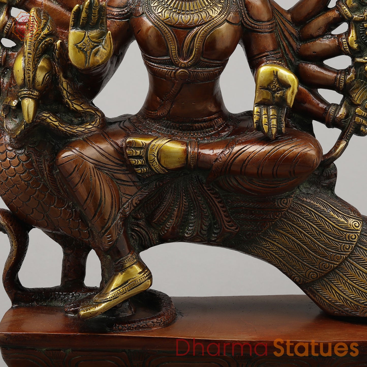 Brass Kartikeya With Six Head Seated on Peacock, Copper & Green Finish, 16"