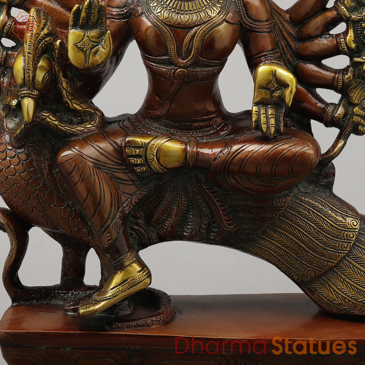 Brass Kartikeya With Six Head Seated on Peacock, Copper & Green Finish, 16"