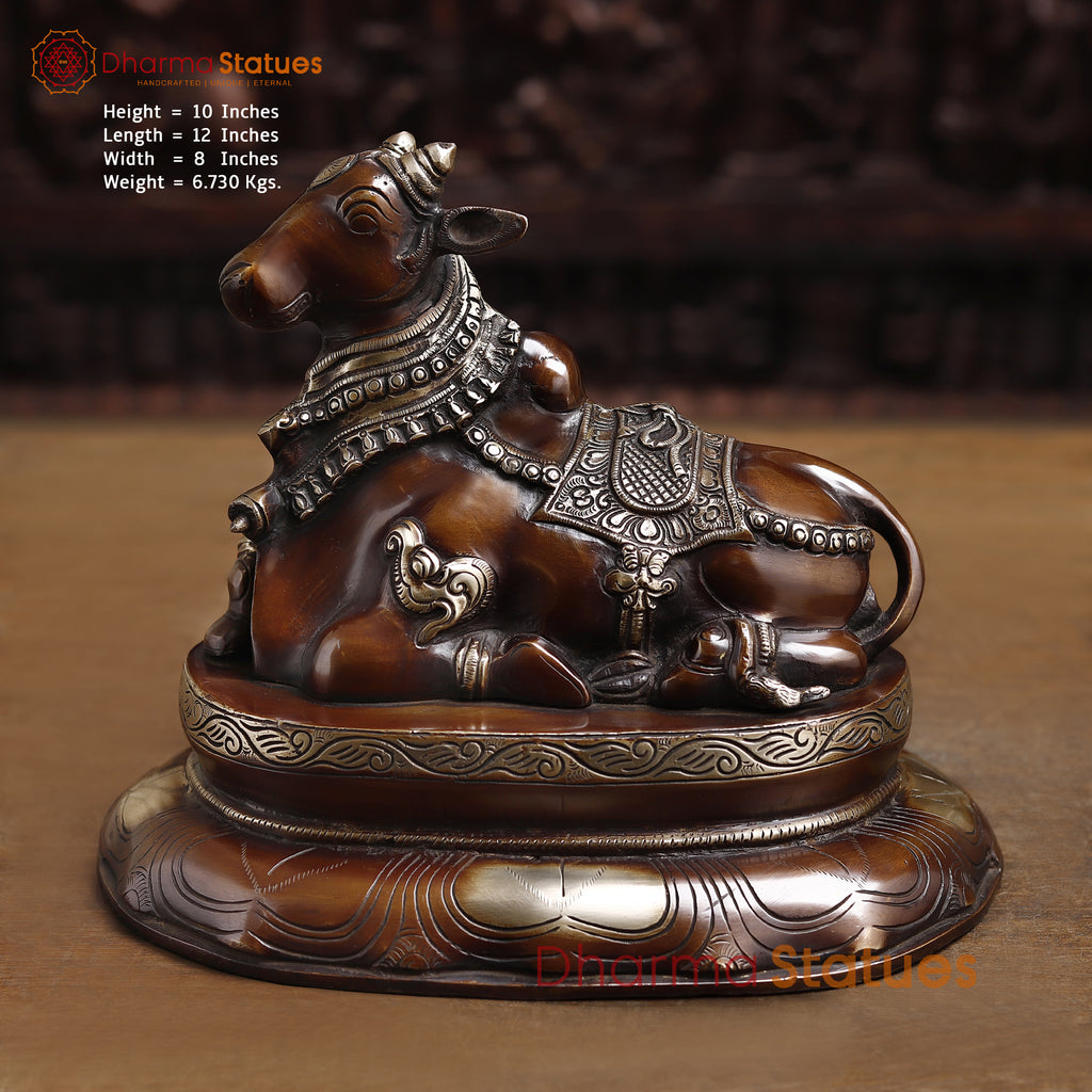 Brass Nandi Statue Seated, Guardian of Shiva's Realm, Copper Finish 10"