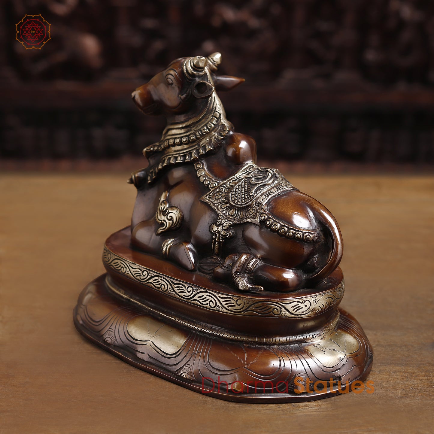 Brass Nandi Statue Seated, Guardian of Shiva's Realm, Copper Finish 10"
