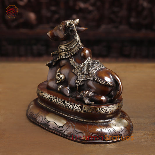 Brass Nandi Statue Seated, Guardian of Shiva's Realm, Copper Finish 10"