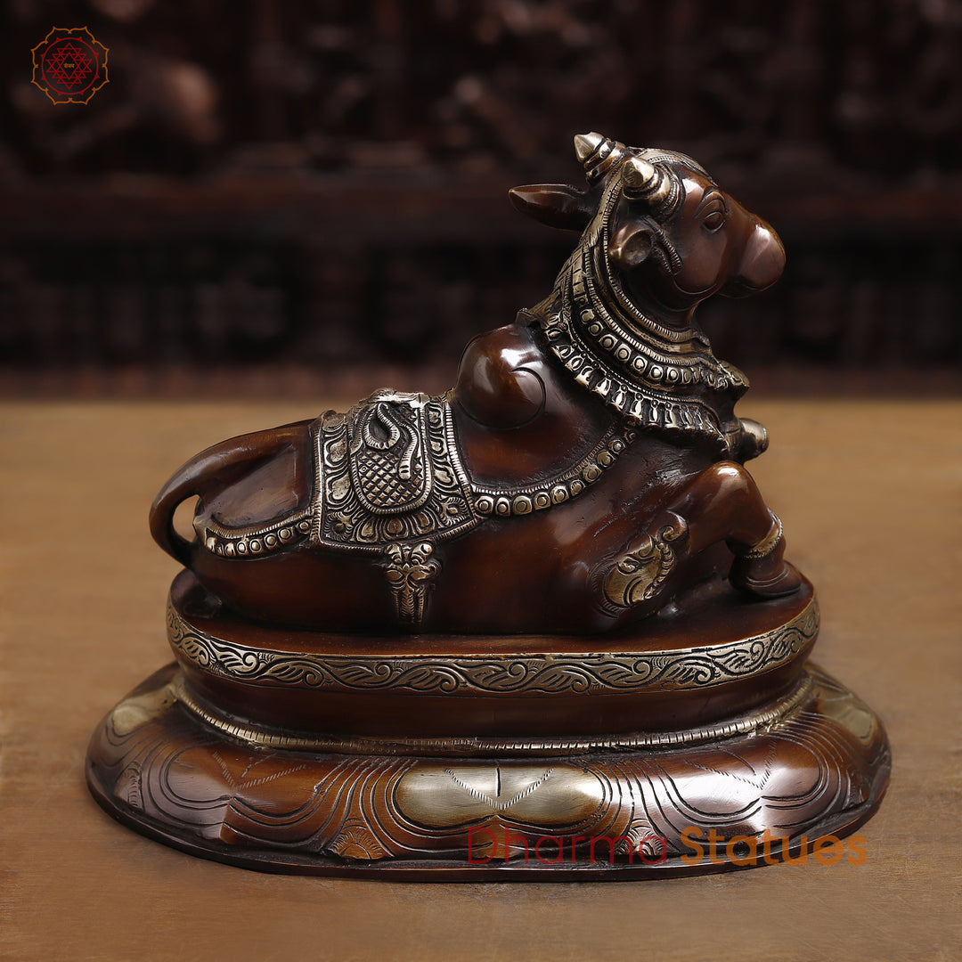 Brass Nandi Statue Seated, Guardian of Shiva's Realm, Copper Finish 10"