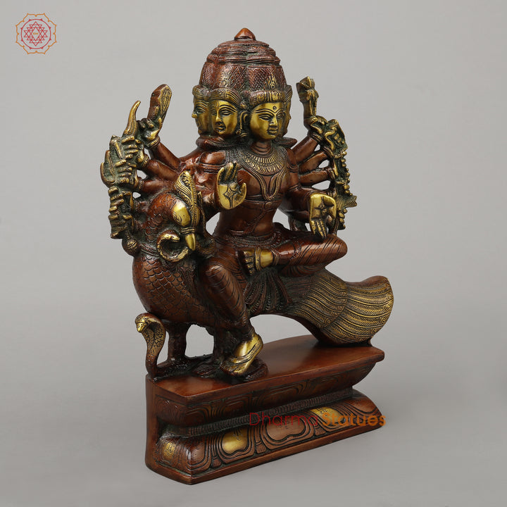 Brass Kartikeya With Six Head Seated on Peacock, Copper & Green Finish, 16"