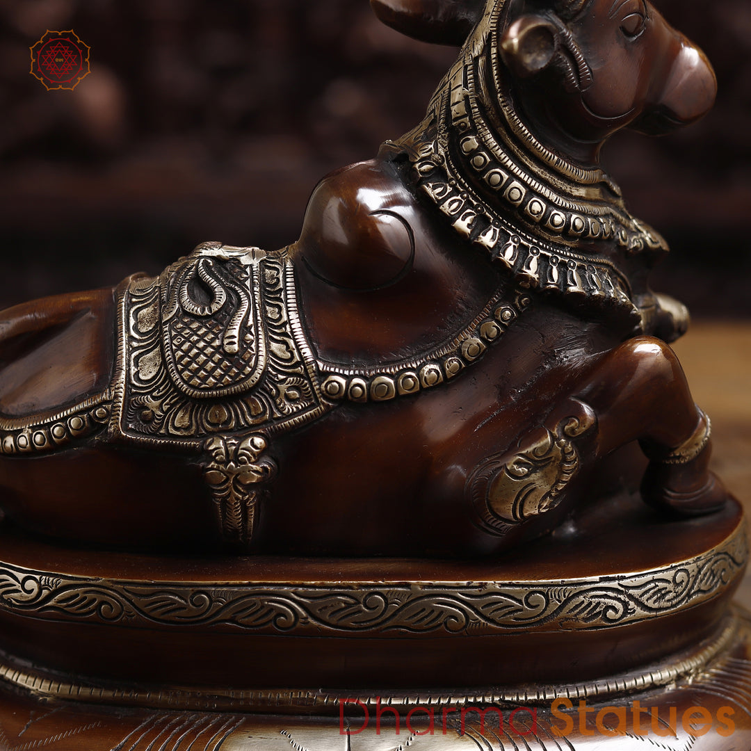 Brass Nandi Statue Seated, Guardian of Shiva's Realm, Copper Finish 10"