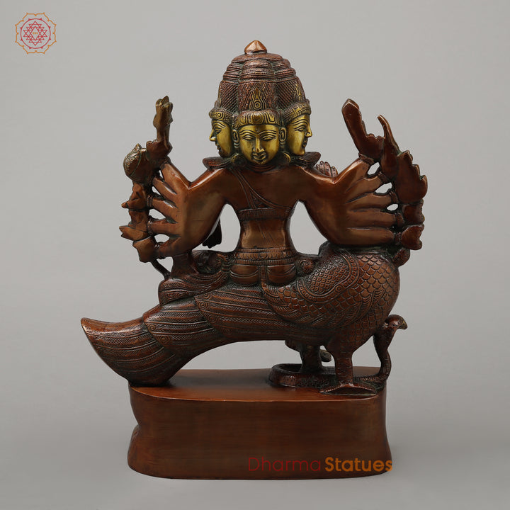 Brass Kartikeya With Six Head Seated on Peacock, Copper & Green Finish, 16"