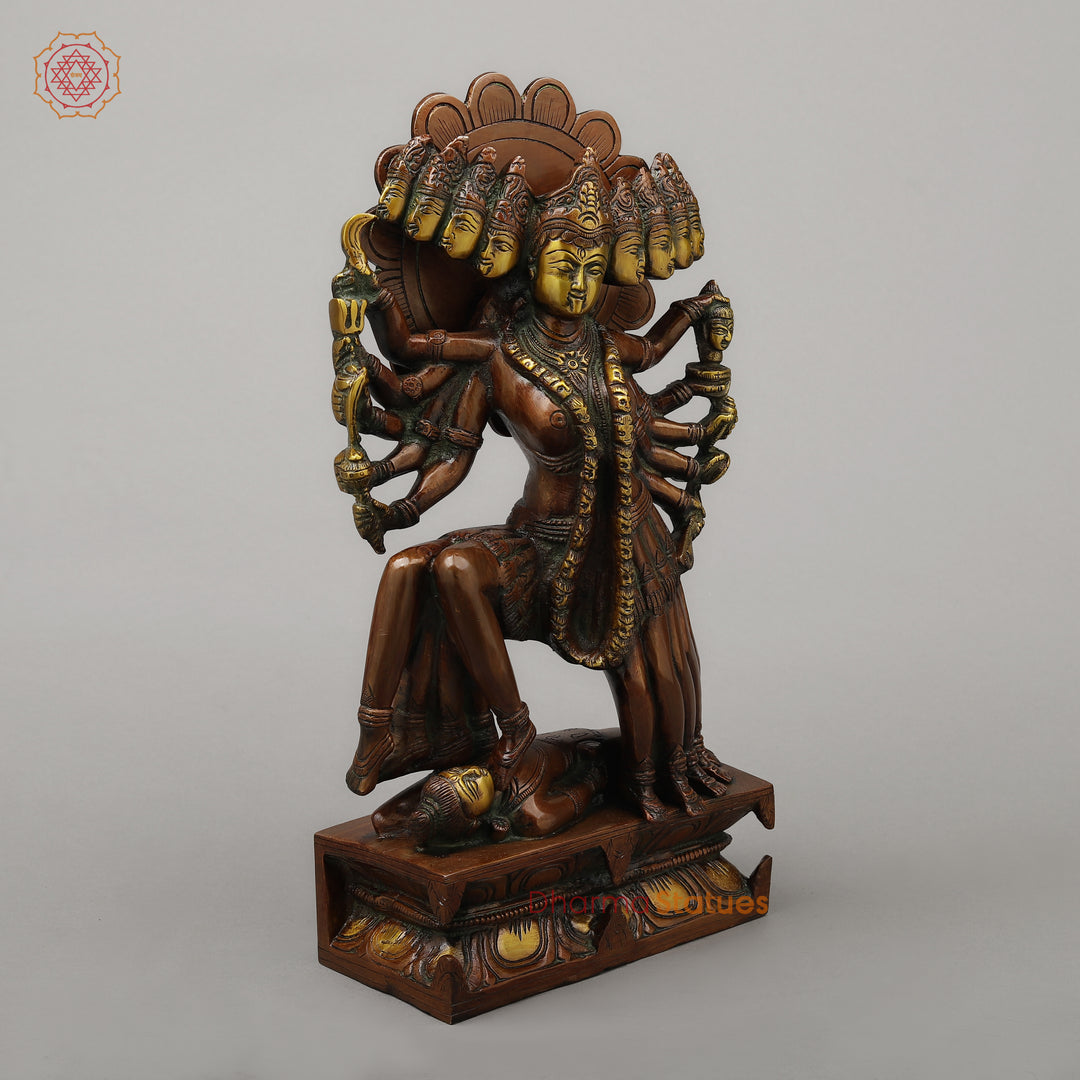 Brass Kali With Ten Heads, Golden & Copper Finish, 15.5"