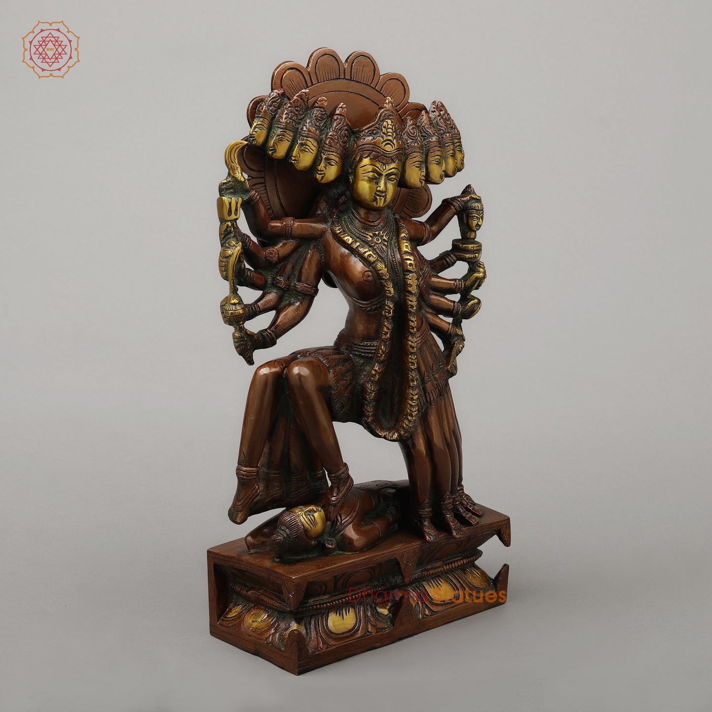 Brass Kali With Ten Heads, Golden & Copper Finish, 15.5"