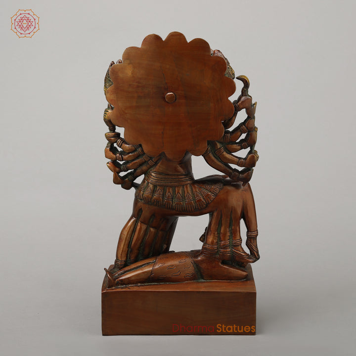 Brass Kali With Ten Heads, Golden & Copper Finish, 15.5"