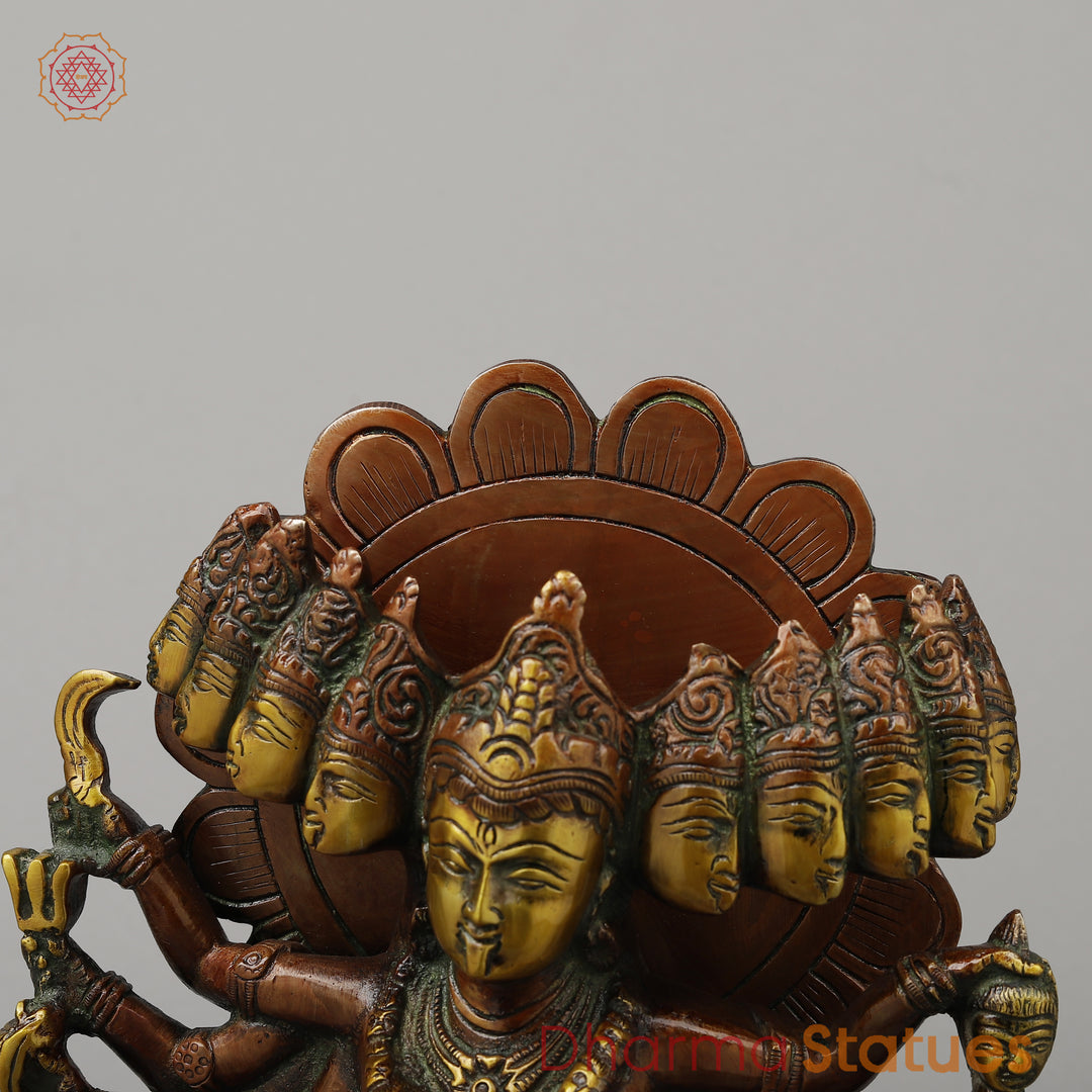 Brass Kali With Ten Heads, Golden & Copper Finish, 15.5"