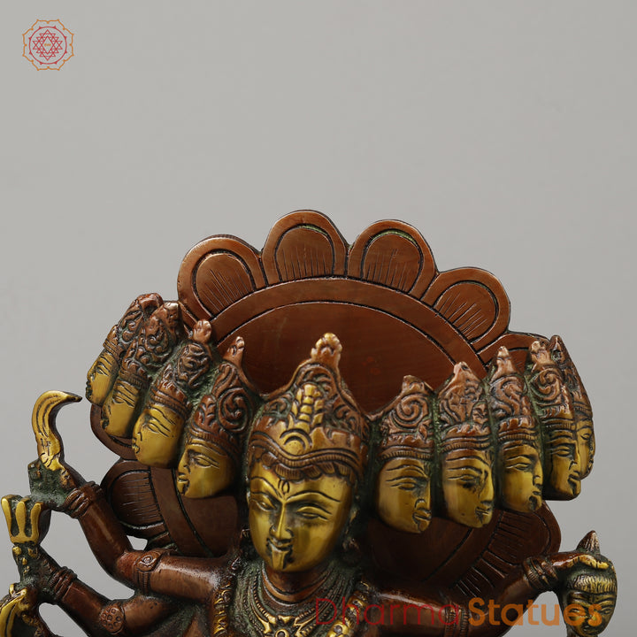 Brass Kali With Ten Heads, Golden & Copper Finish, 15.5"